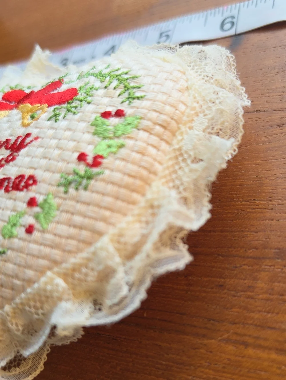 Vintaged Christmas Embroidered and Lace Heart Ornament - Handmade